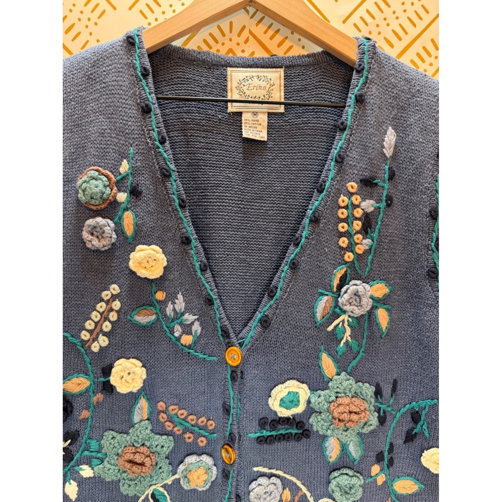 Vintage Cottagecore Sweater Vest Women M Blue Floral Embroidered Crochet Nature - Picture 2 of 9